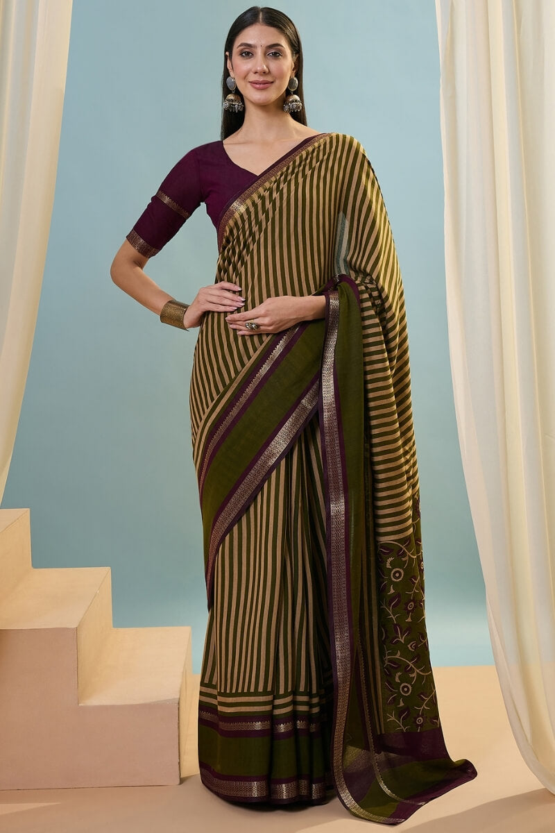 Lunar Green Printed Cotton Saree with Zari Woven Border