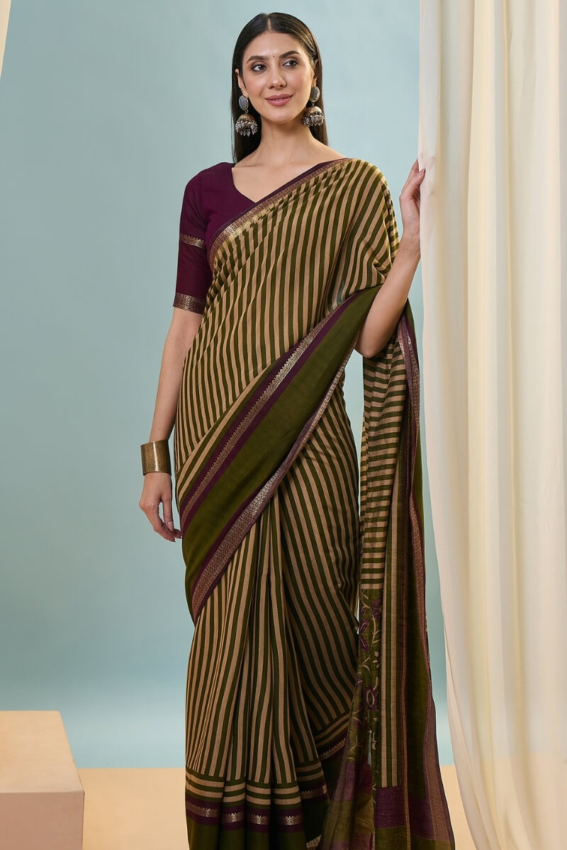 Lunar Green Printed Cotton Saree with Zari Woven Border