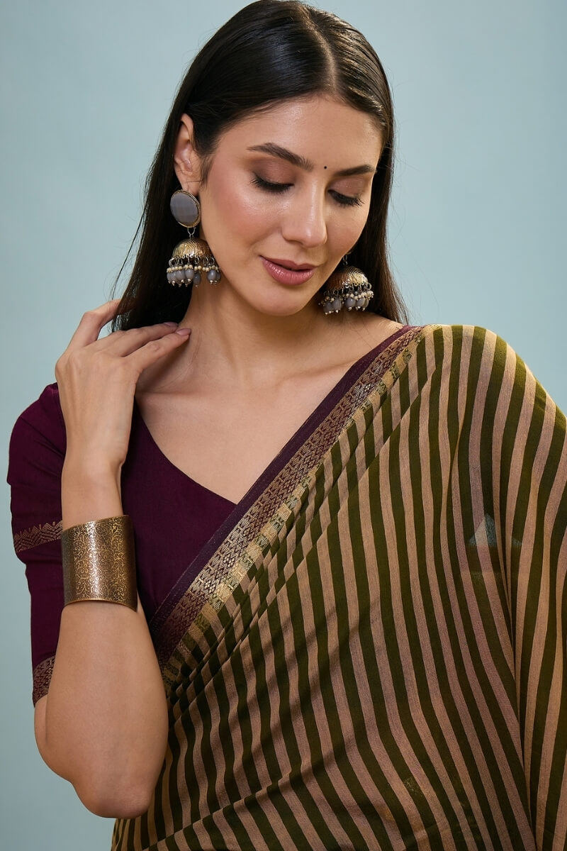 Lunar Green Printed Cotton Saree with Zari Woven Border