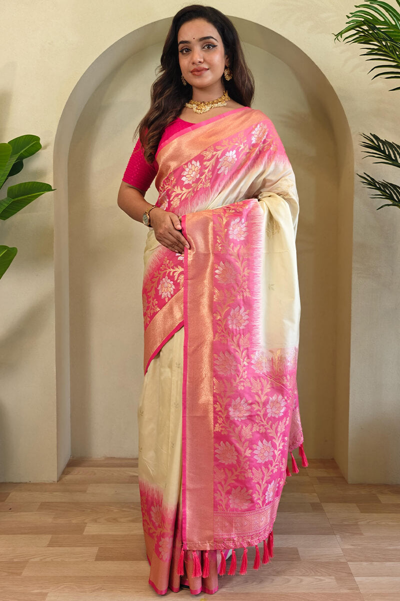 Maize Beige Banarasi Silk Saree with Designer Chaap Border