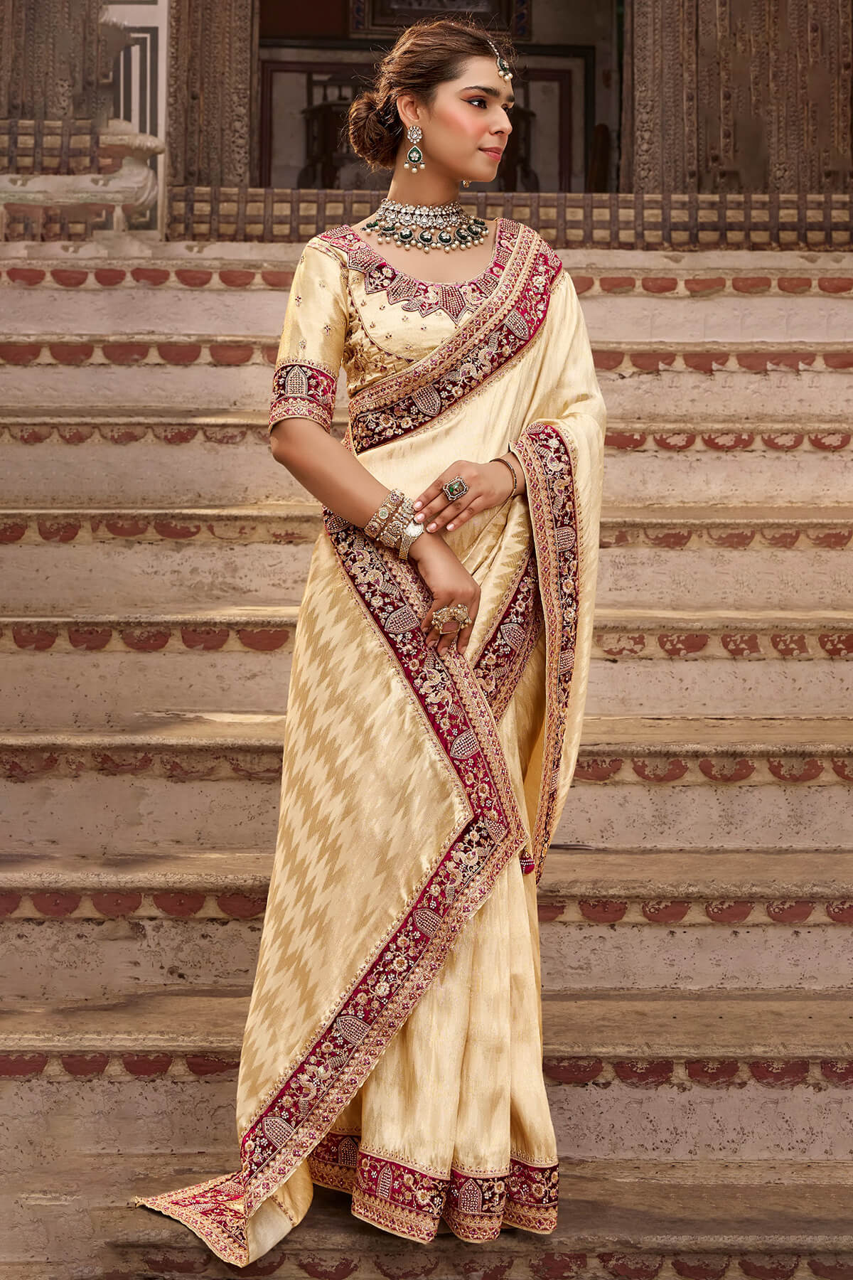 Maize Beige Hand Work Viscose Saree with Stiched Blouse
