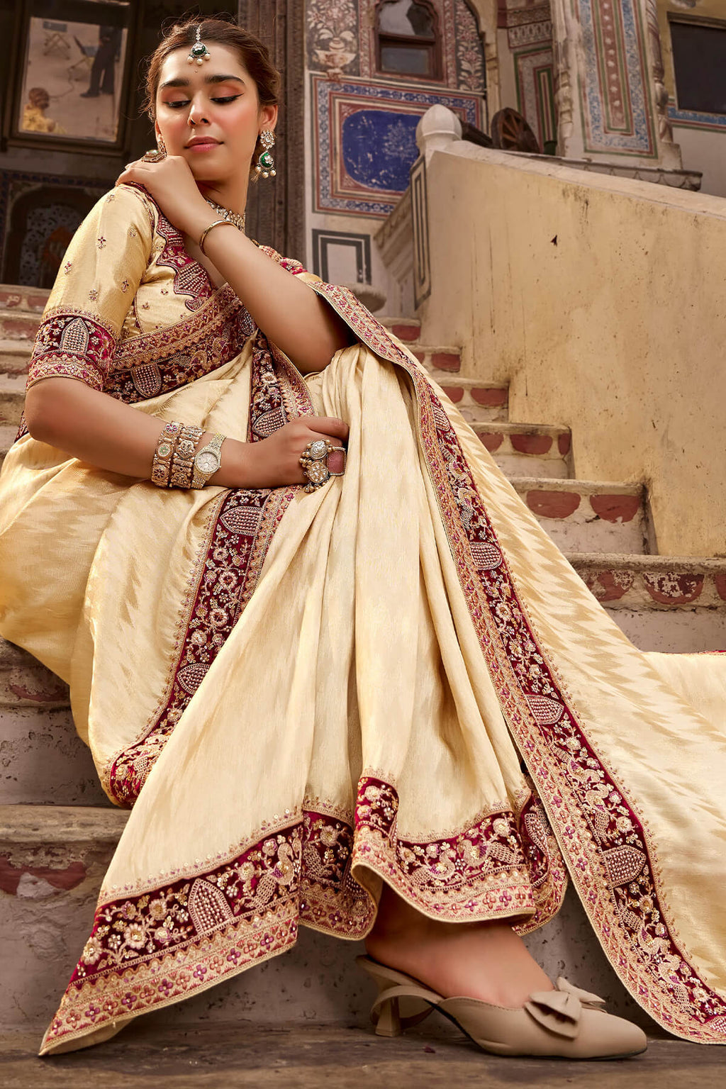 Maize Beige Hand Work Viscose Saree with Stiched Blouse