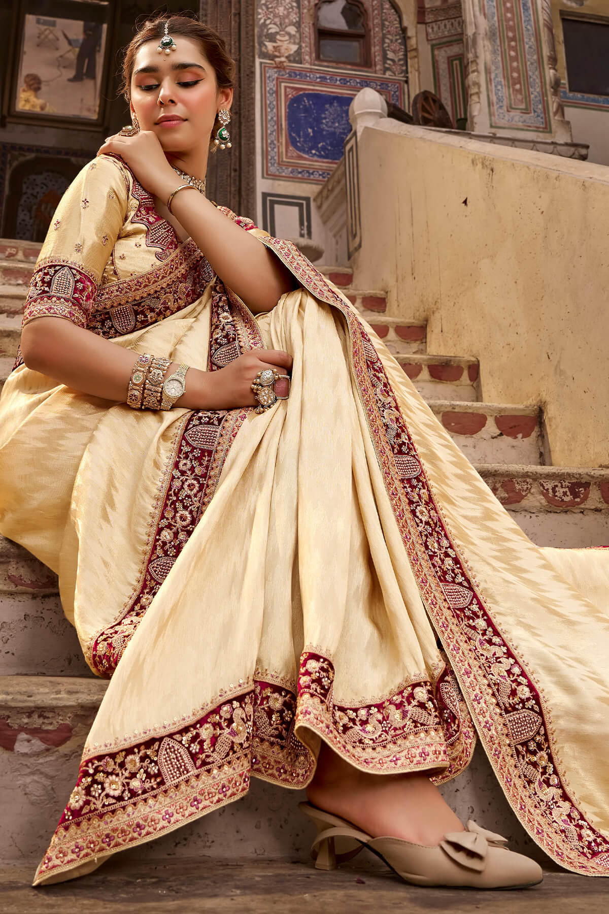 Maize Beige Hand Work Viscose Saree with Stiched Blouse