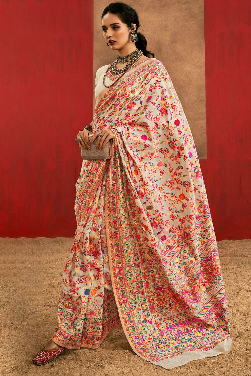 Maize Beige Kashmiri Modal Pashmina Silk Saree