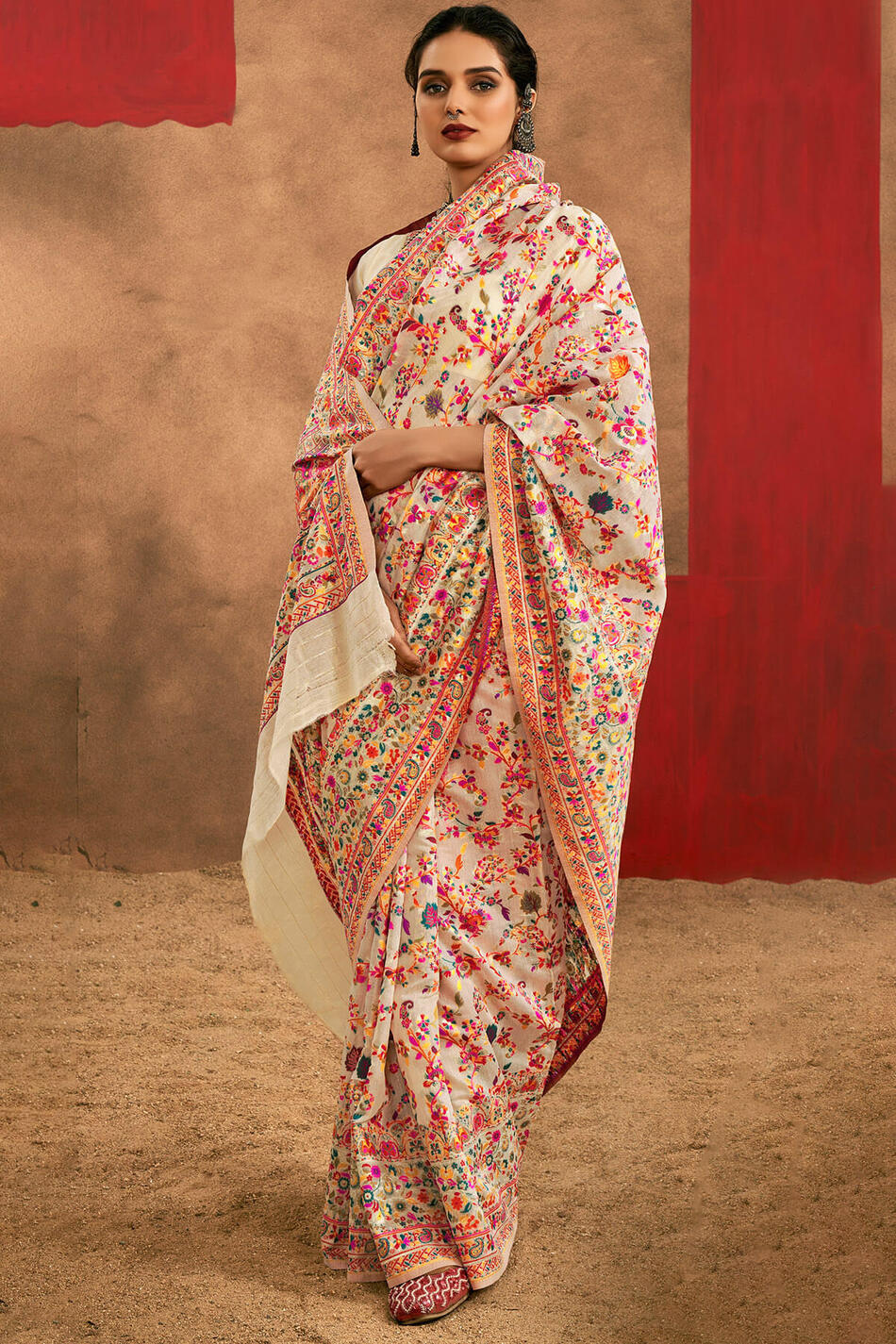 Maize Beige Kashmiri Modal Pashmina Silk Saree