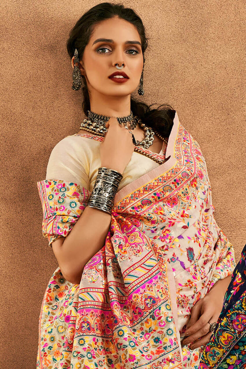 Maize Beige Kashmiri Modal Pashmina Silk Saree