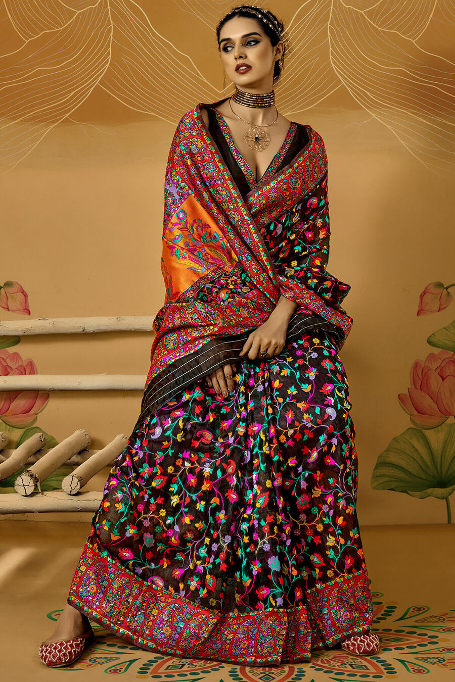Marshland Black Kashmiri Modal Pashmina Silk Saree