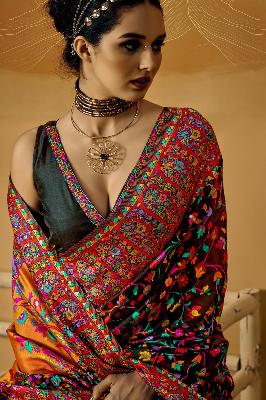Marshland Black Kashmiri Modal Pashmina Silk Saree