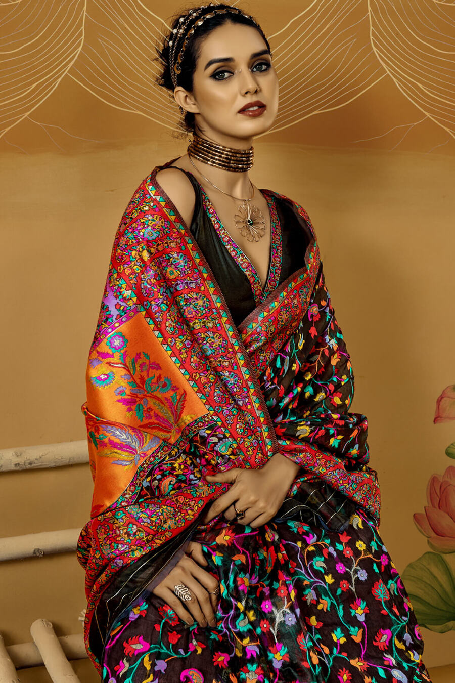 Marshland Black Kashmiri Modal Pashmina Silk Saree