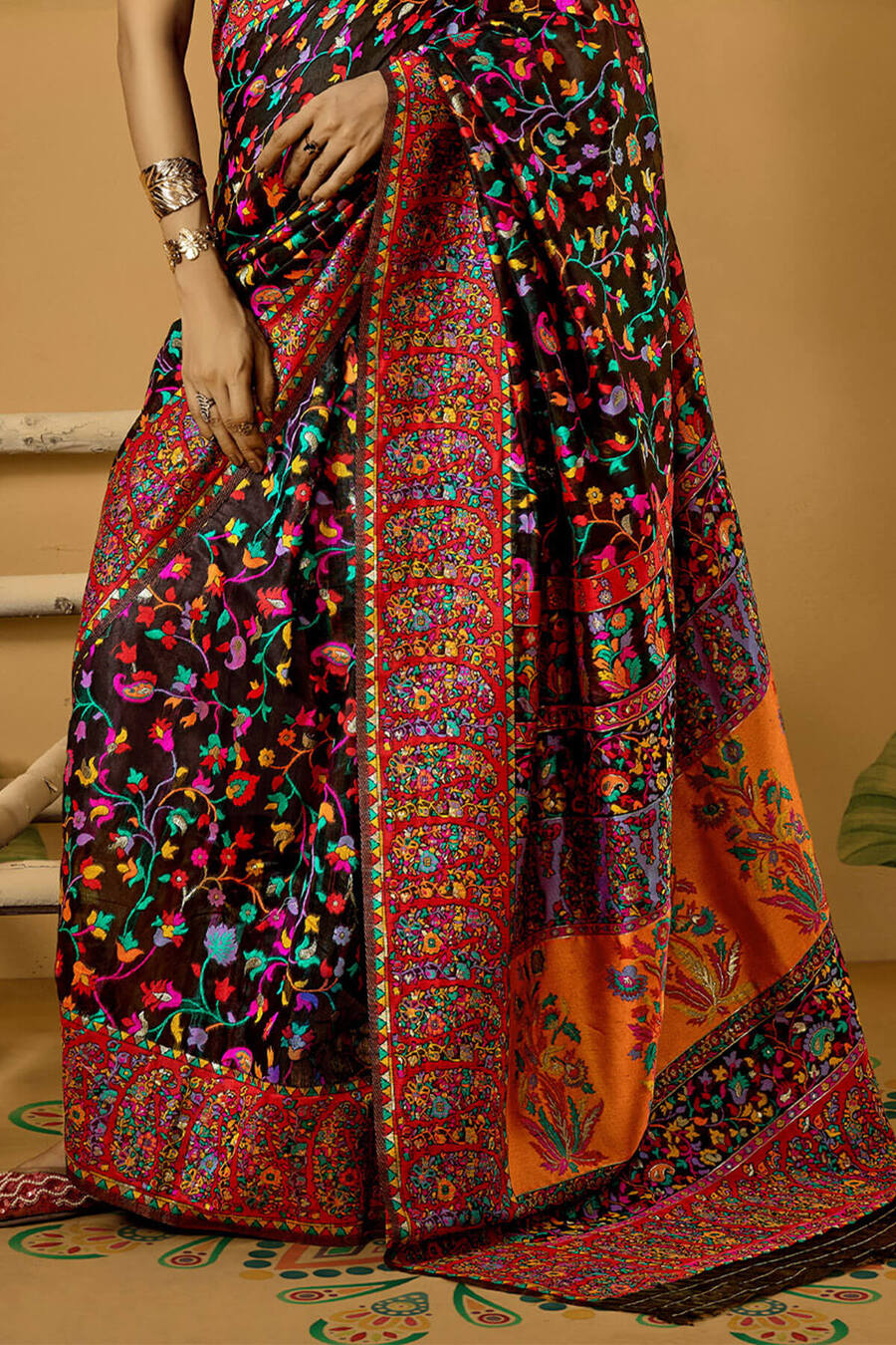Marshland Black Kashmiri Modal Pashmina Silk Saree