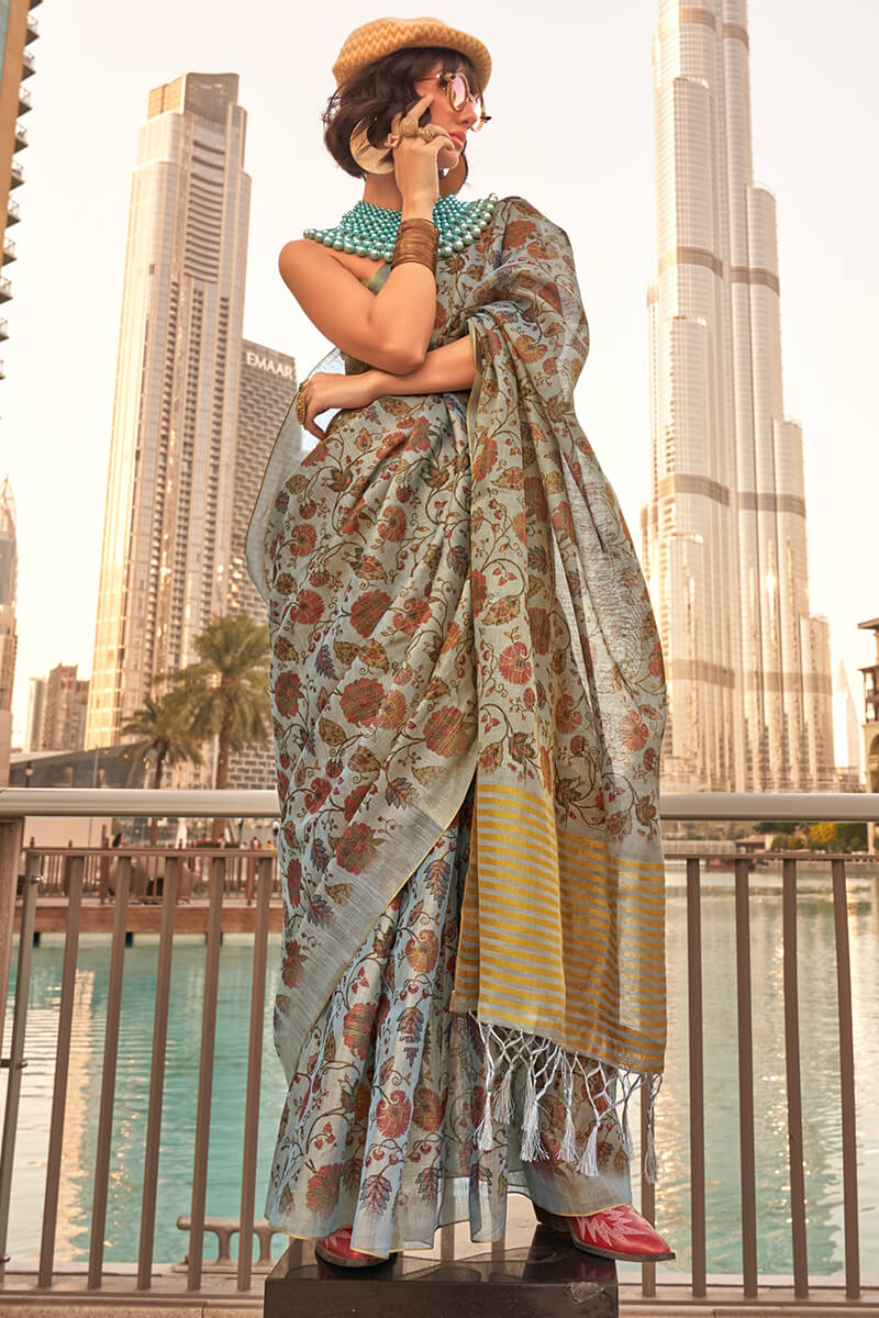 Martini Grey Printed Tissue Silk Saree