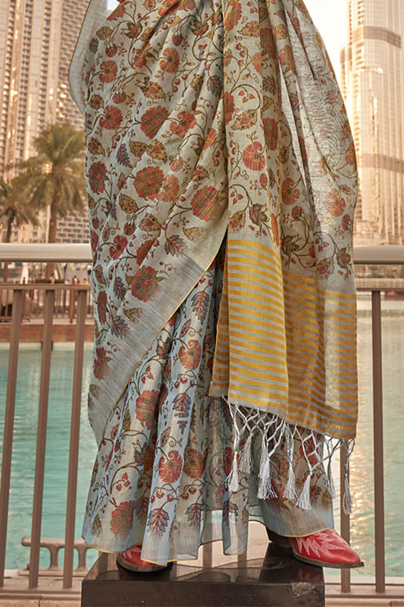 Martini Grey Printed Tissue Silk Saree