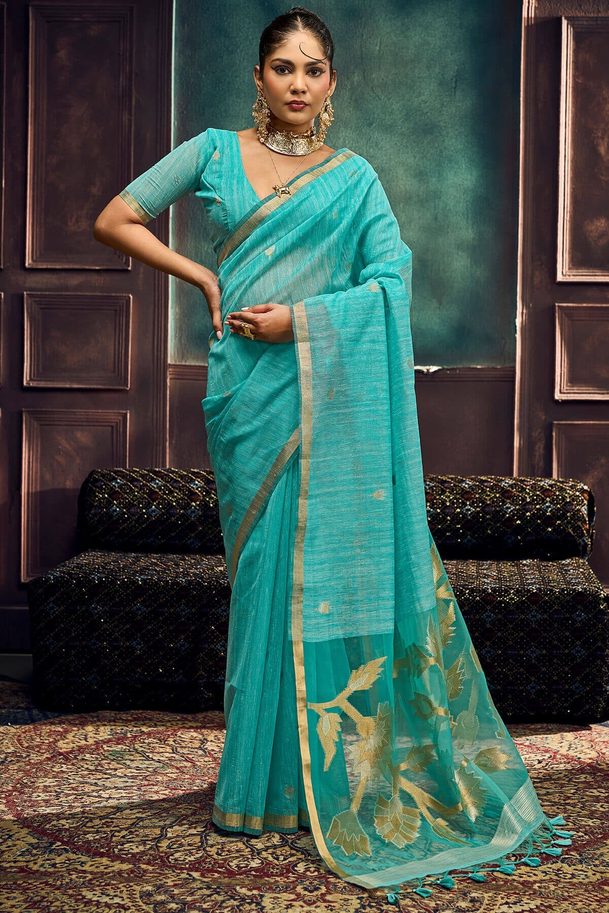 Medium Turquoise Zari Woven Pure Munga Cotton saree