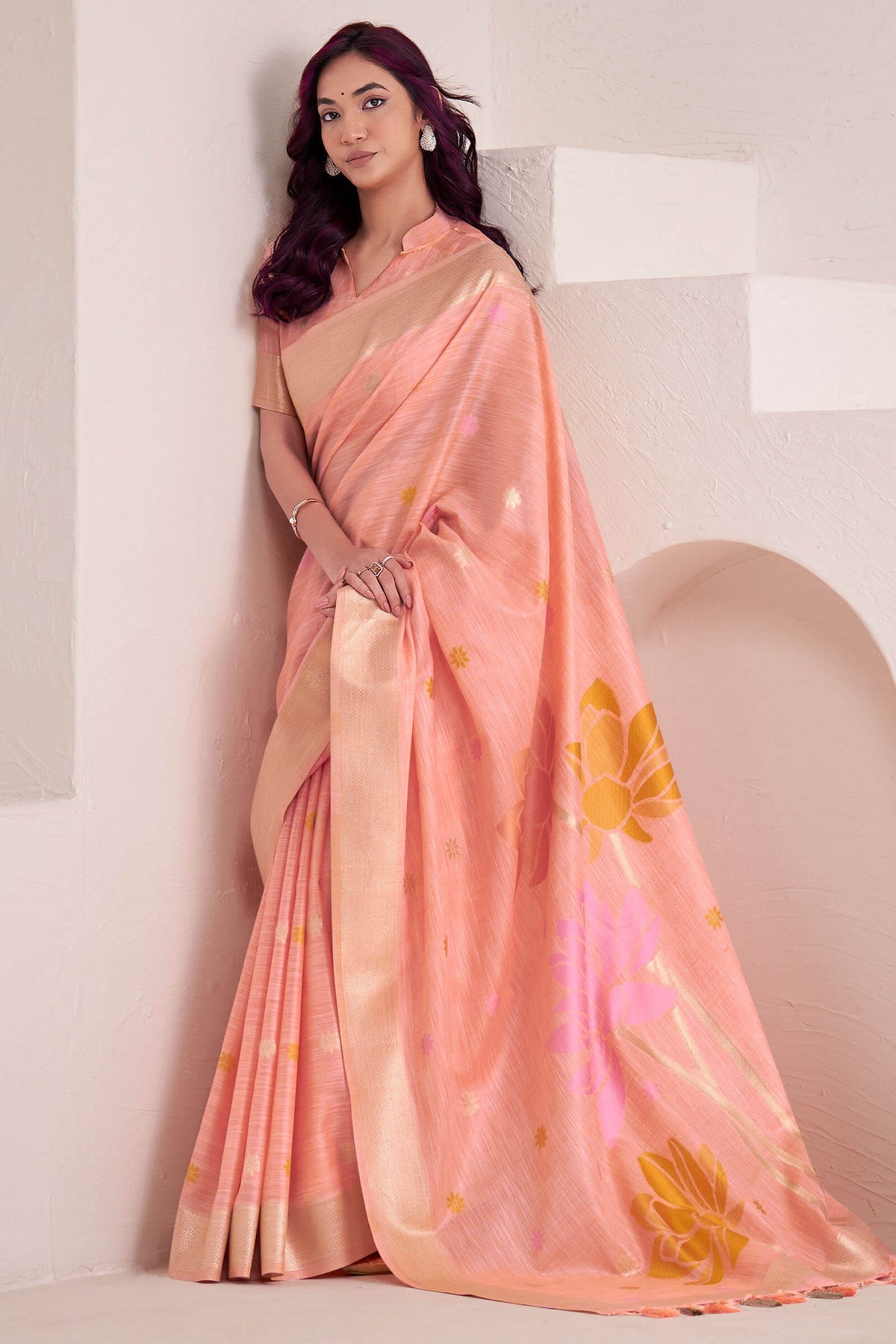 Melon Peach Soft Linen Silk Saree