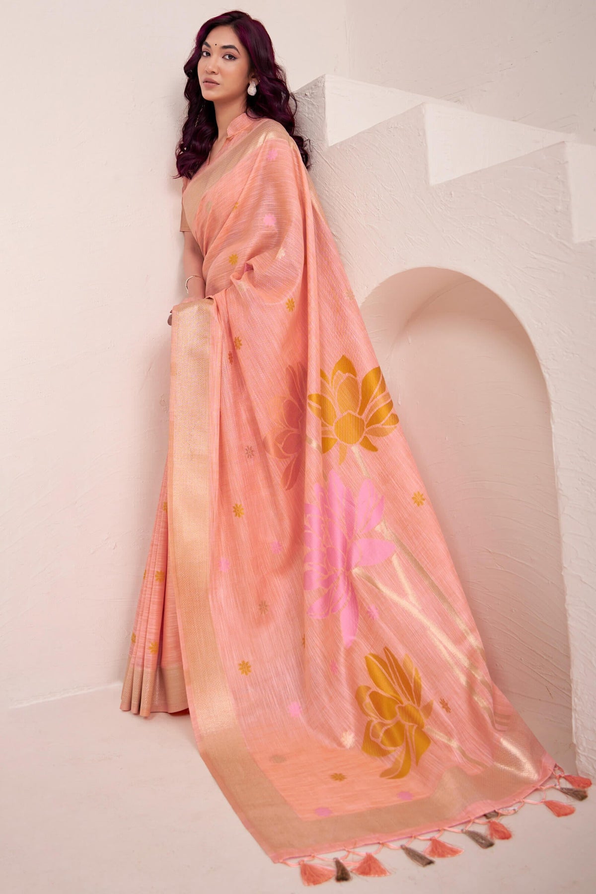 Melon Peach Soft Linen Silk Saree