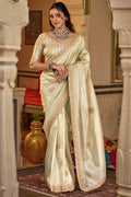 Mercury Beige Hand Work Viscose Saree with Stiched Blouse