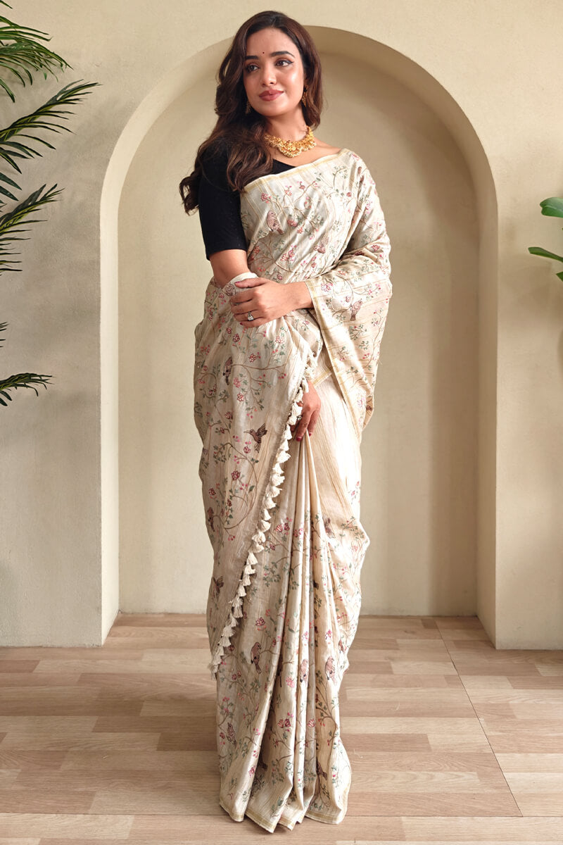 Mercury Beige Heavy Embroidery Work Pure Tussar Silk Saree