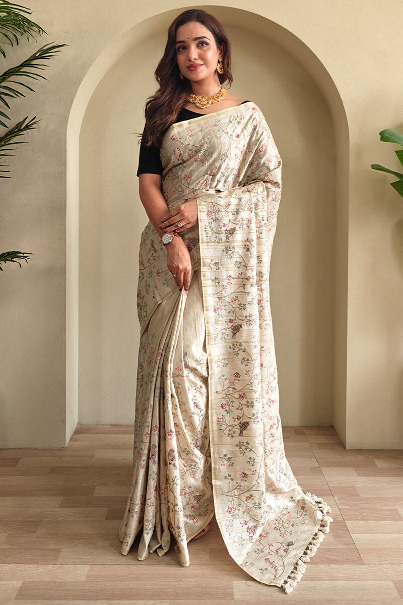 Mercury Beige Heavy Embroidery Work Pure Tussar Silk Saree