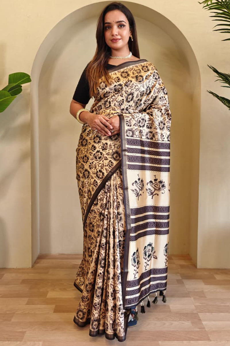 Merino Beige Digital Printed Dola Viscose Saree