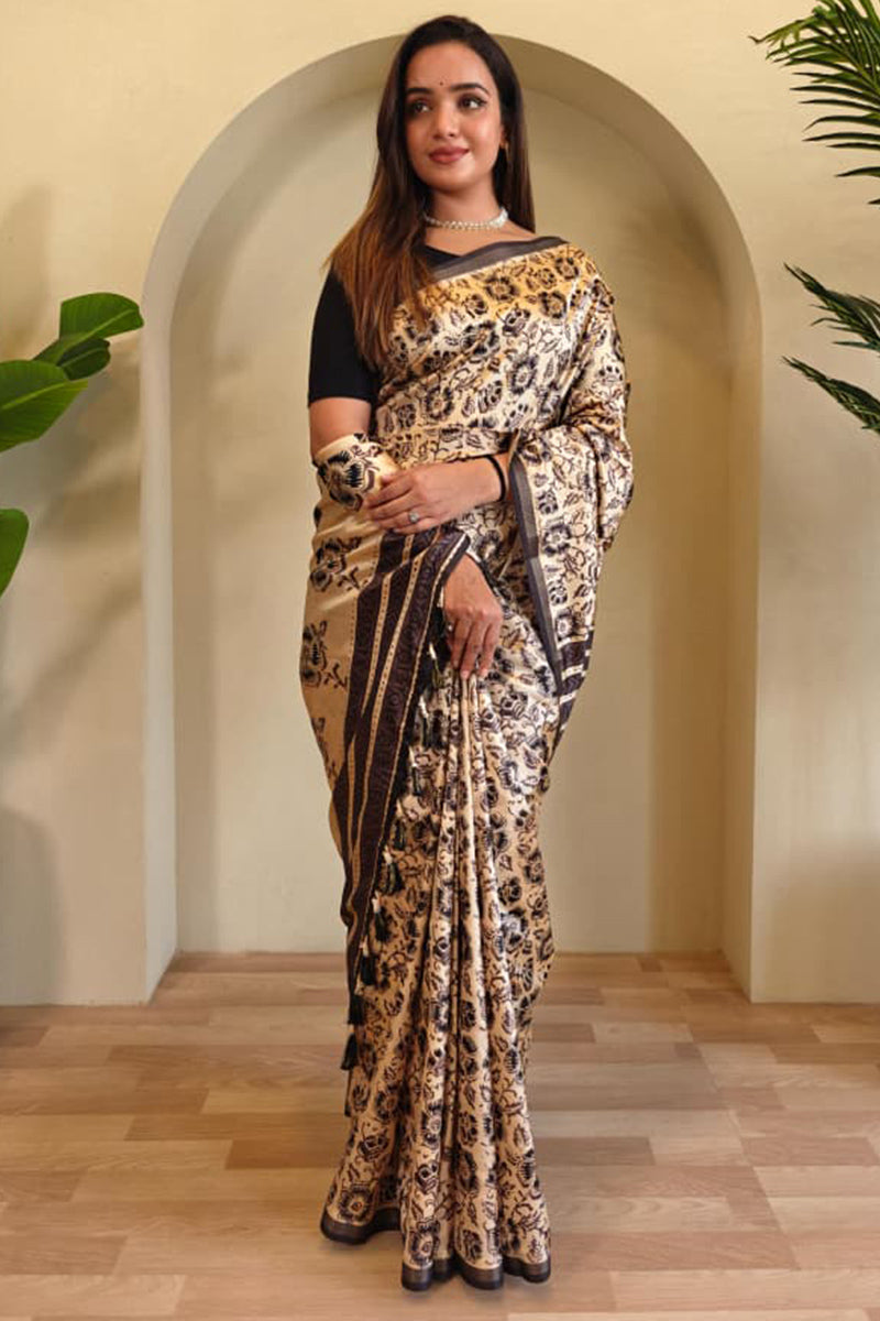 Merino Beige Digital Printed Dola Viscose Saree