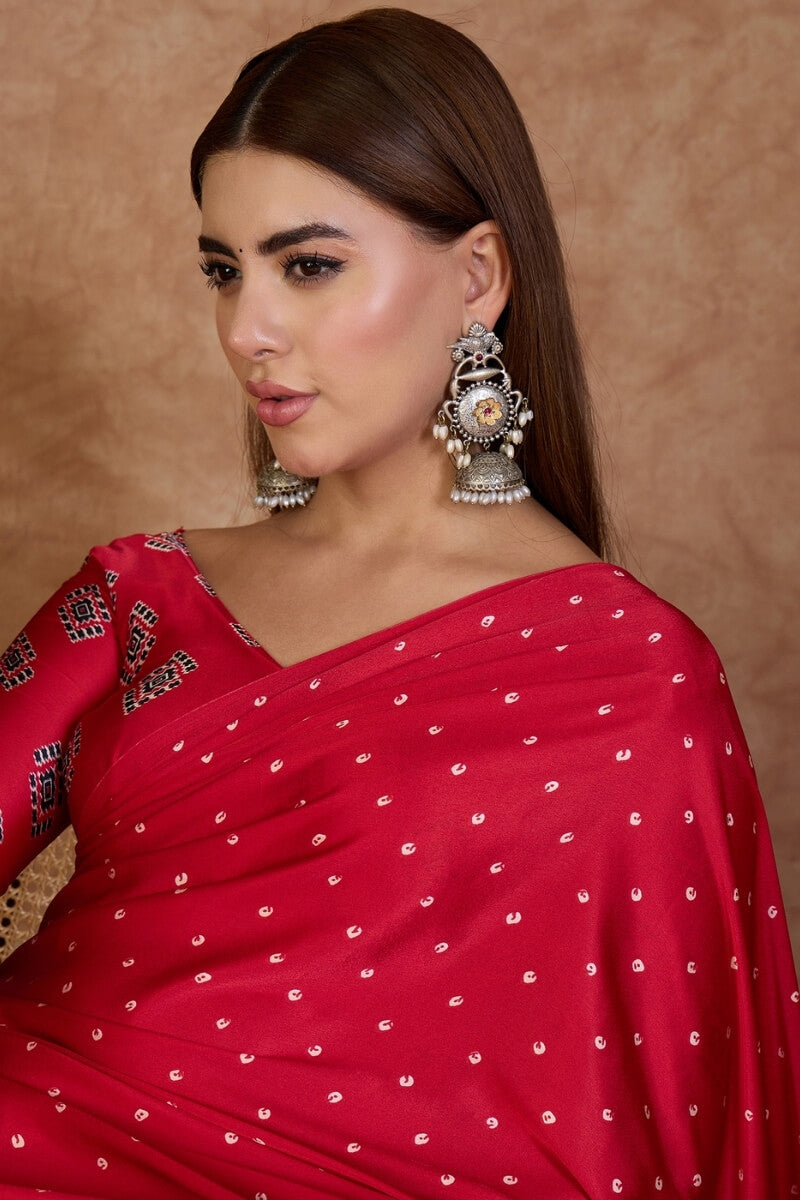 Merlot Red Ajrakh Printed Satin Silk Saree