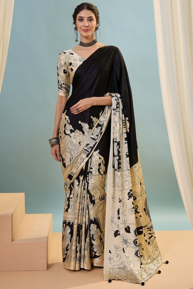 Metal Black Ajrakh Printed Satin Silk Saree
