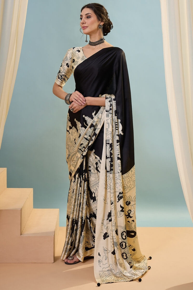 Metal Black Ajrakh Printed Satin Silk Saree