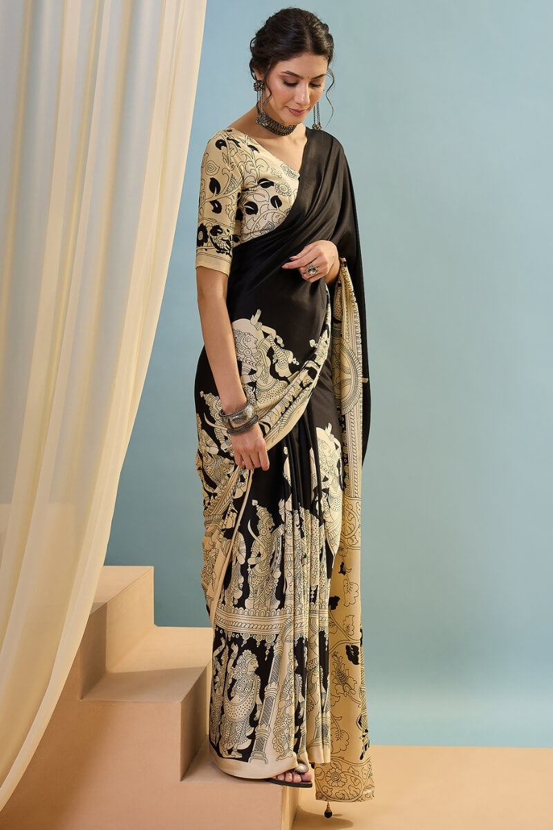 Metal Black Ajrakh Printed Satin Silk Saree