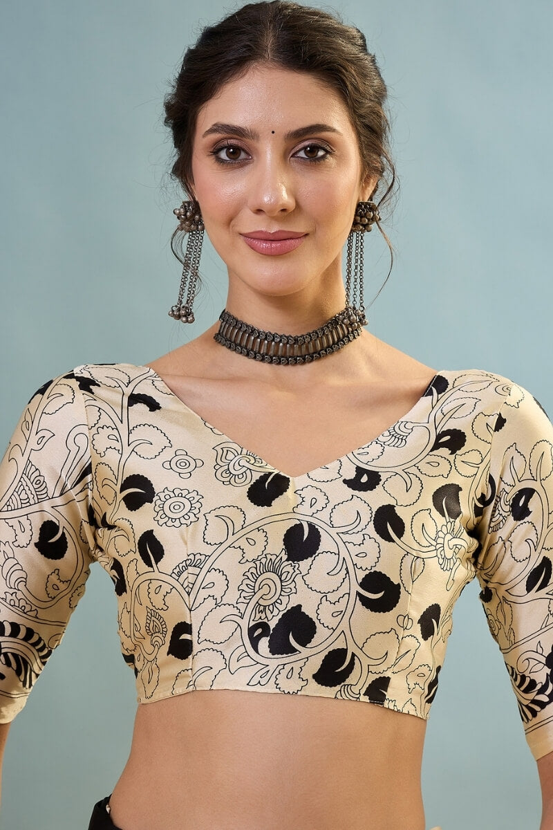 Metal Black Ajrakh Printed Satin Silk Saree