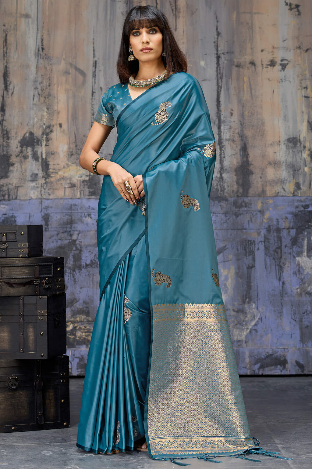 Metallic Blue Zari woven Banarasi Satin Silk Saree
