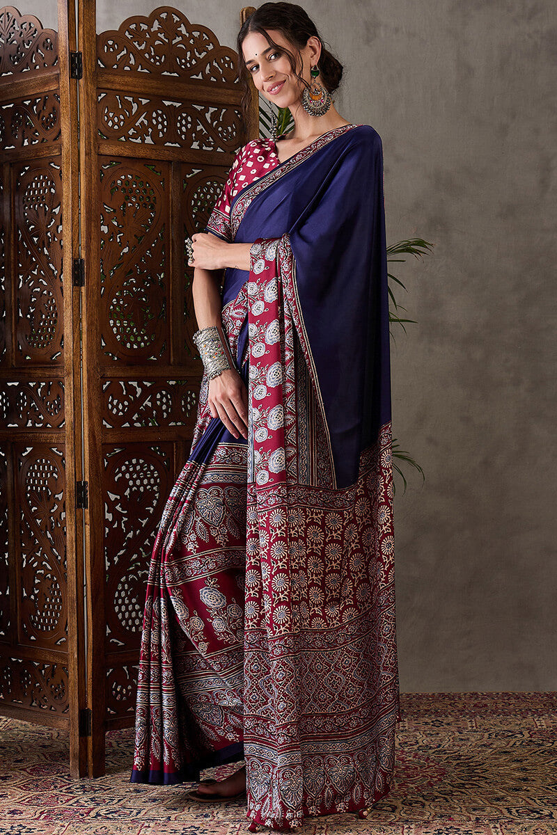 Meteorite Blue Ajrakh Printed Satin Silk Saree
