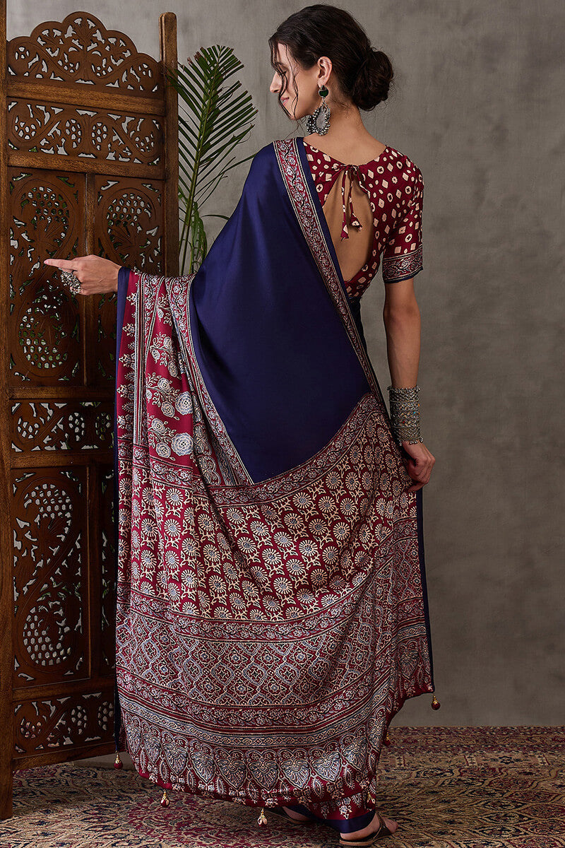 Meteorite Blue Ajrakh Printed Satin Silk Saree