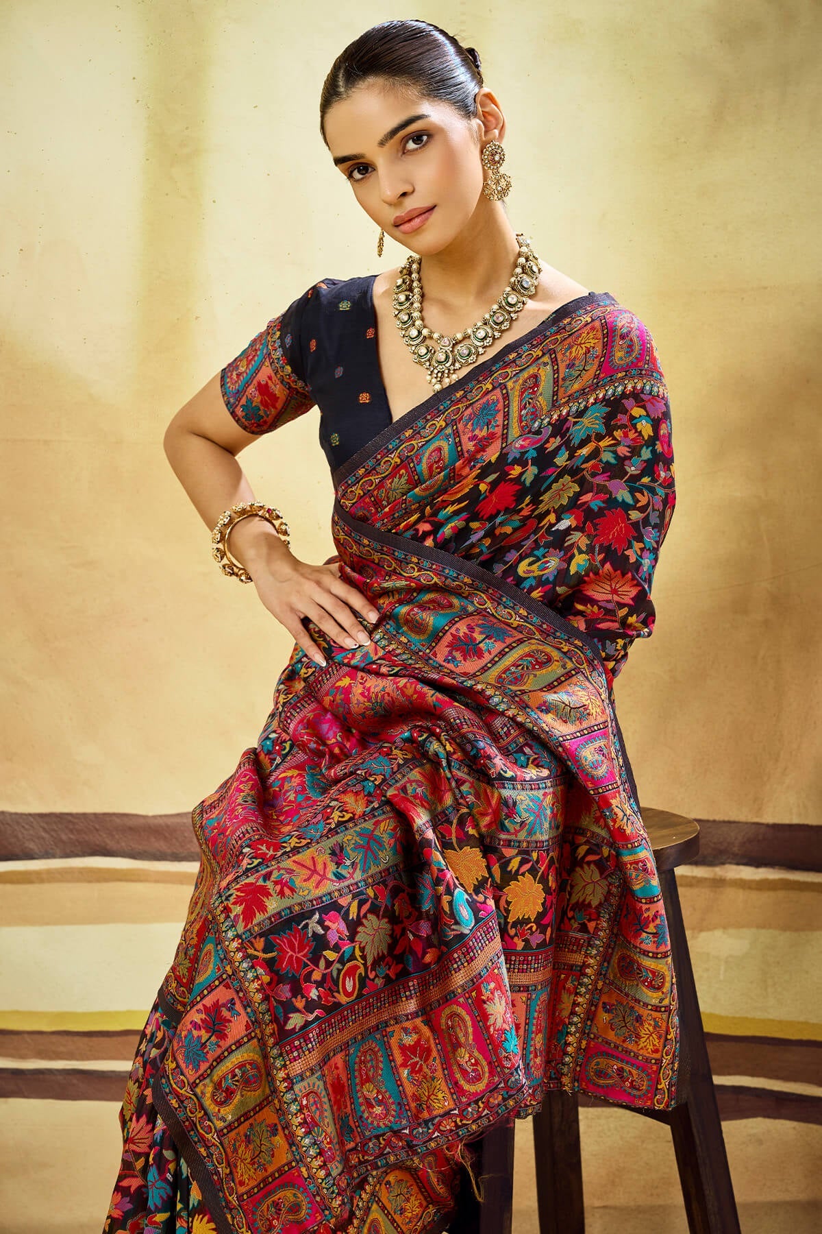 Midnight Black Kashmiri Modal Pashmina Silk Saree