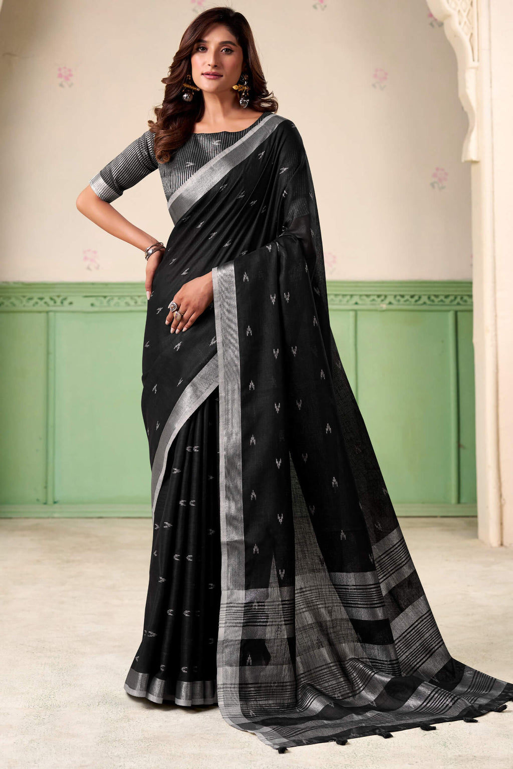 Midnight Black Linen Silk Saree