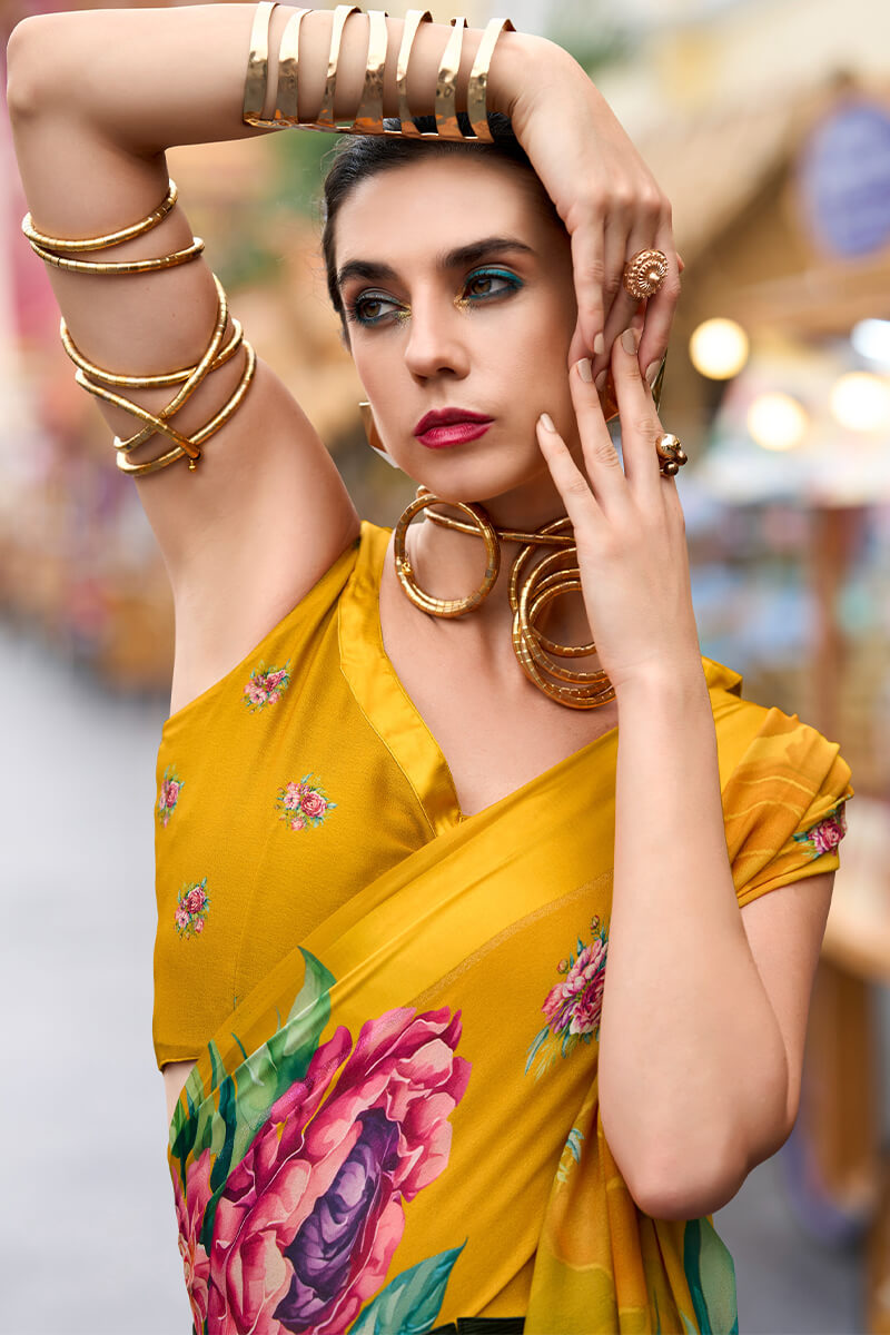 Mikado Yellow Printed Georgette Silk Saree