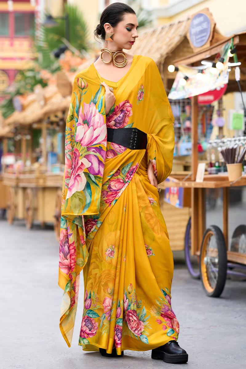 Mikado Yellow Printed Georgette Silk Saree
