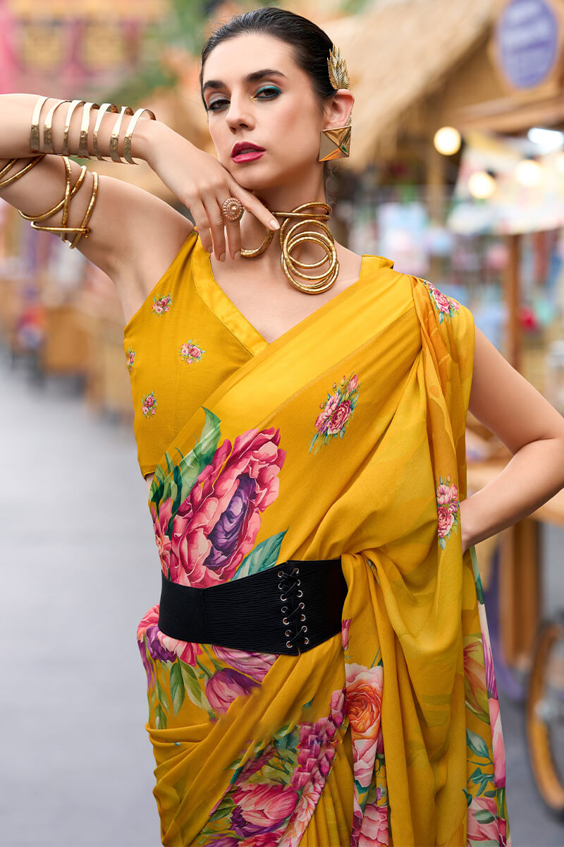 Mikado Yellow Printed Georgette Silk Saree