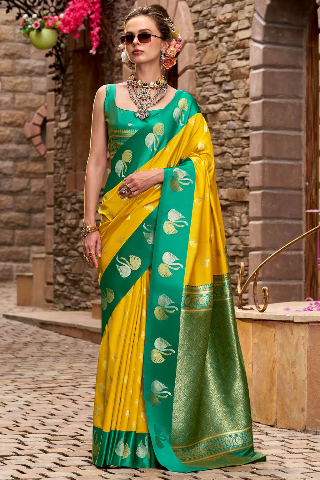 Mikado Yellow Satin Silk Saree