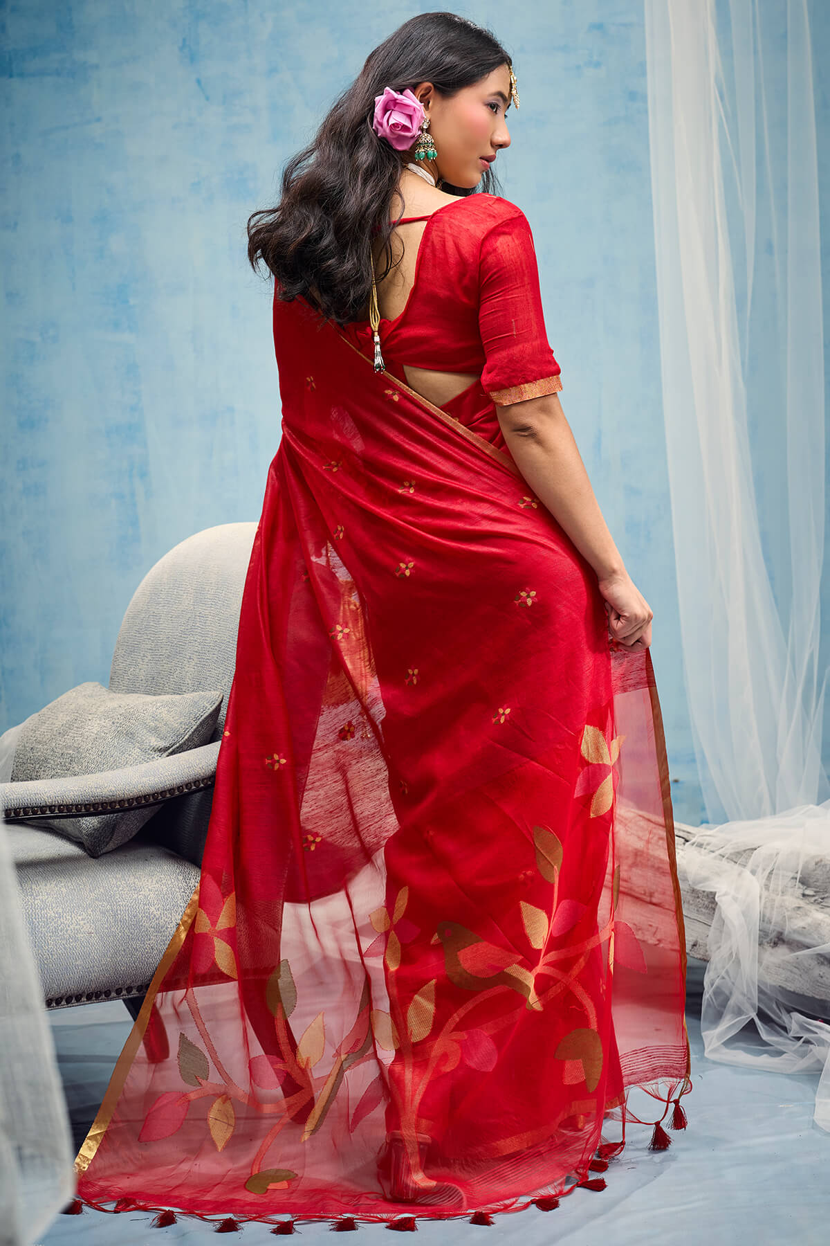 Milano Red Zari Woven Munga Cotton Saree