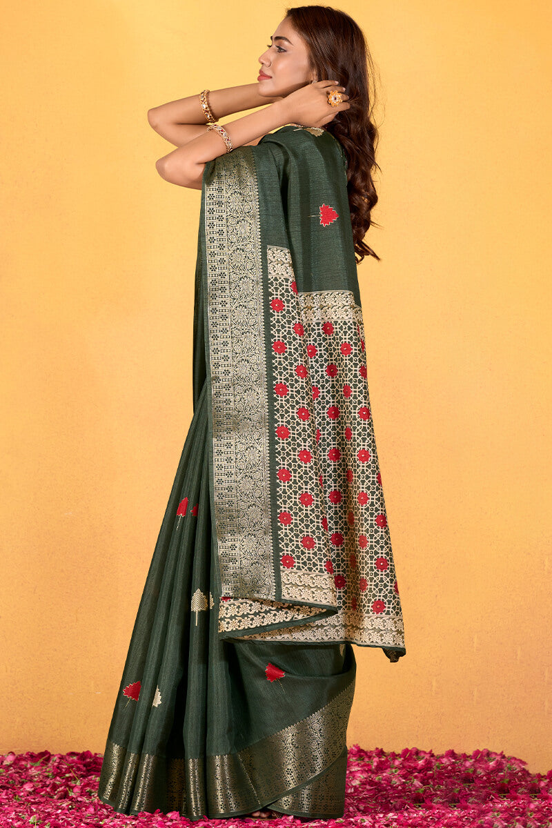 Mineral Green Foil Printed Pure Dola Silk Saree