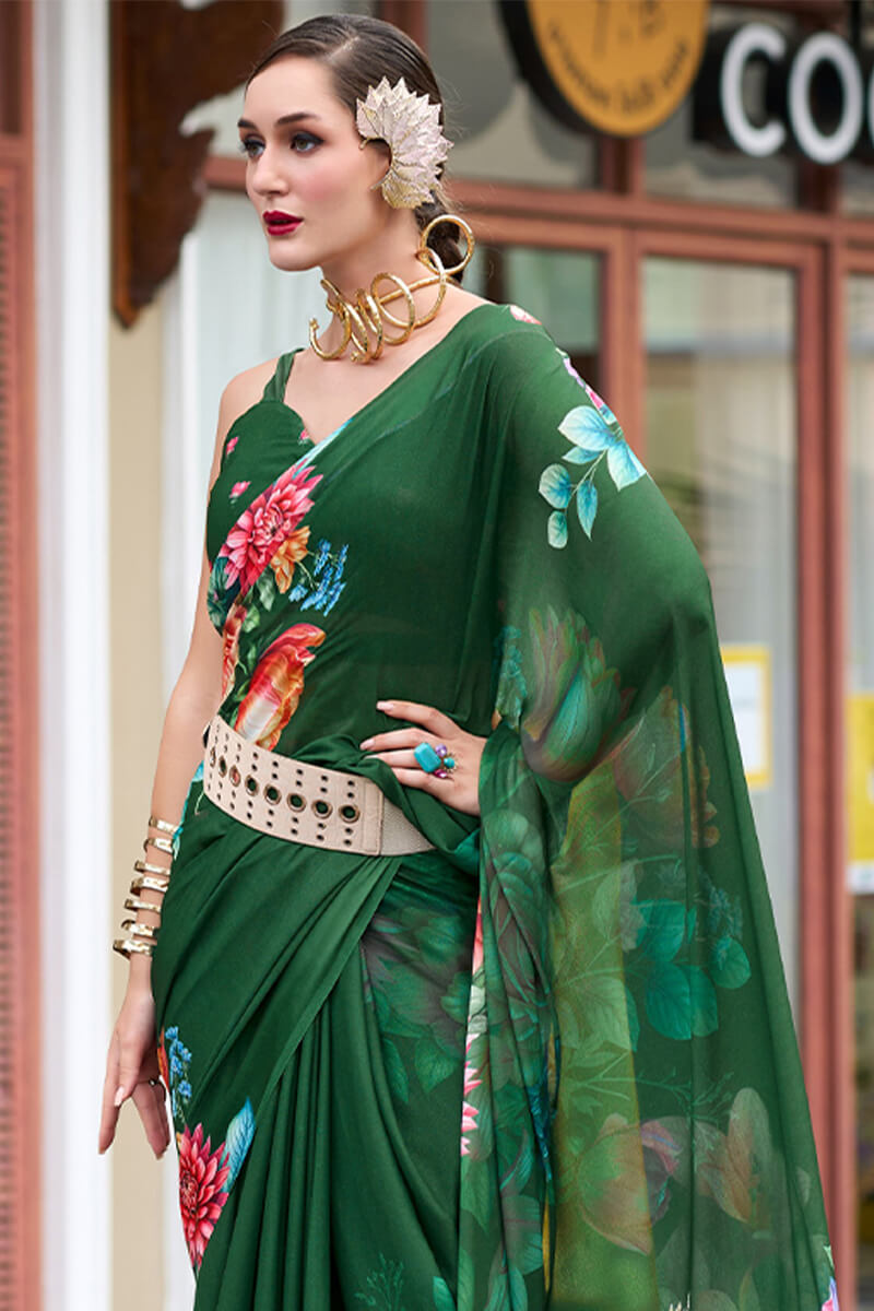 Mineral Green Printed Georgette Silk Saree