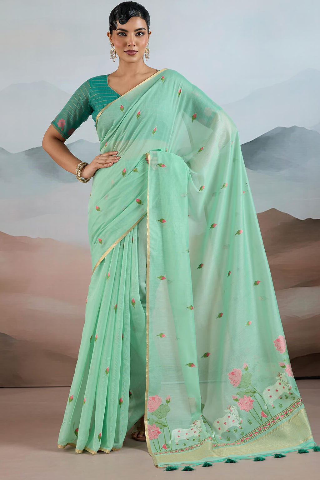 Mint Green Woven Spun Cotton Saree