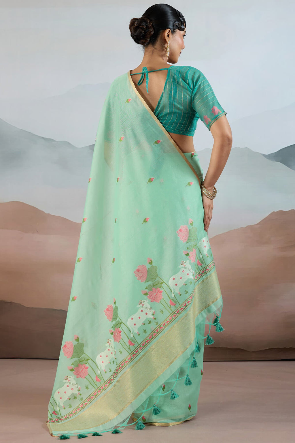 Mint Green Woven Spun Cotton Saree