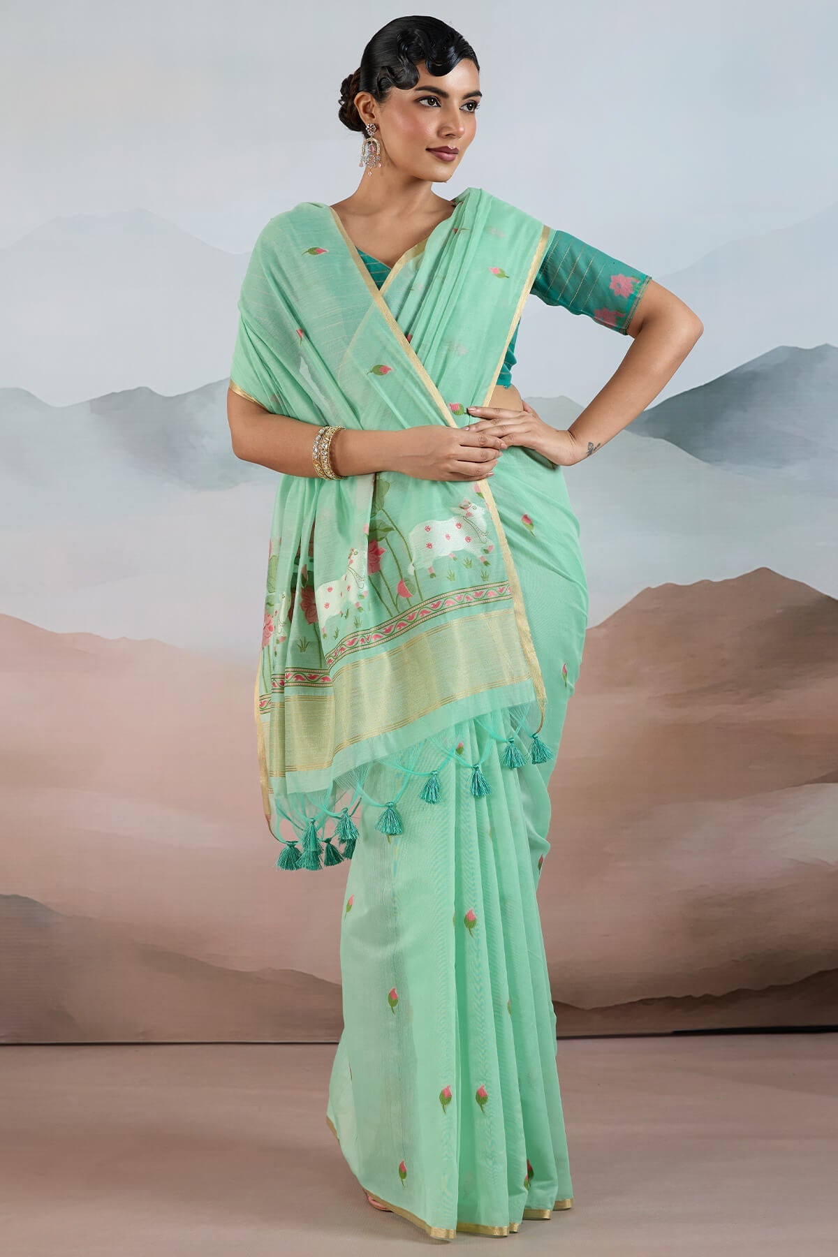 Mint Green Woven Spun Cotton Saree