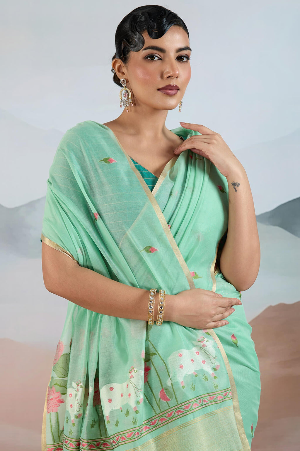Mint Green Woven Spun Cotton Saree
