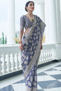 Mist Blue Lucknowi Chickankari Silk Saree
