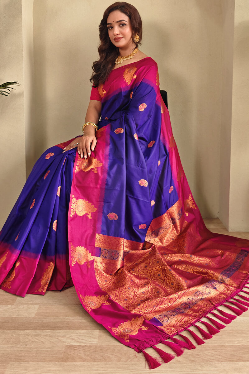 Monster Blue Soft Banarasi Silk Saree With Chaap Border