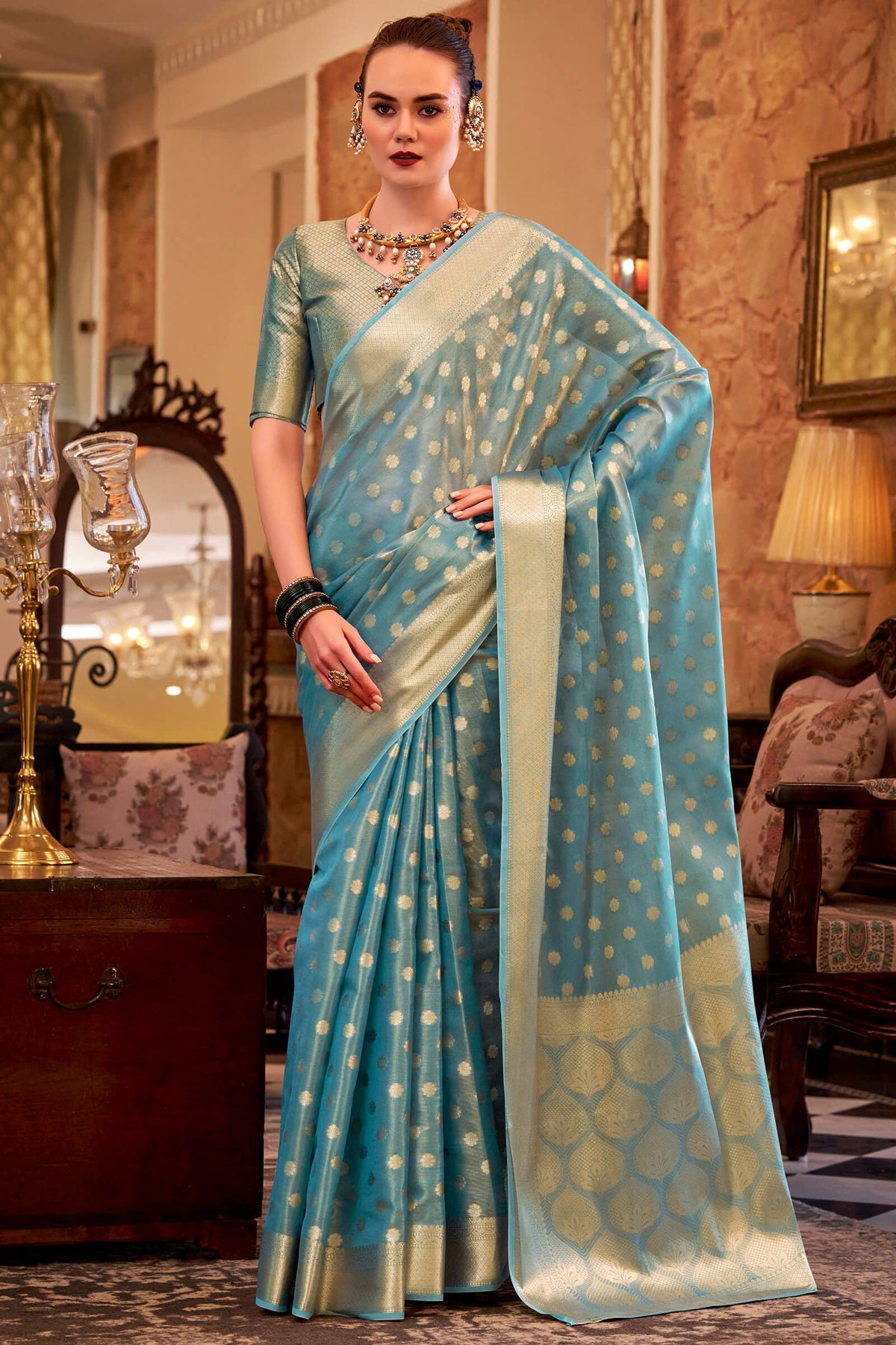 Moonstone Blue Banarasi Tissue Silk Saree