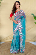 Moonstone Blue Embroiedery Work Two Tone Silk Saree