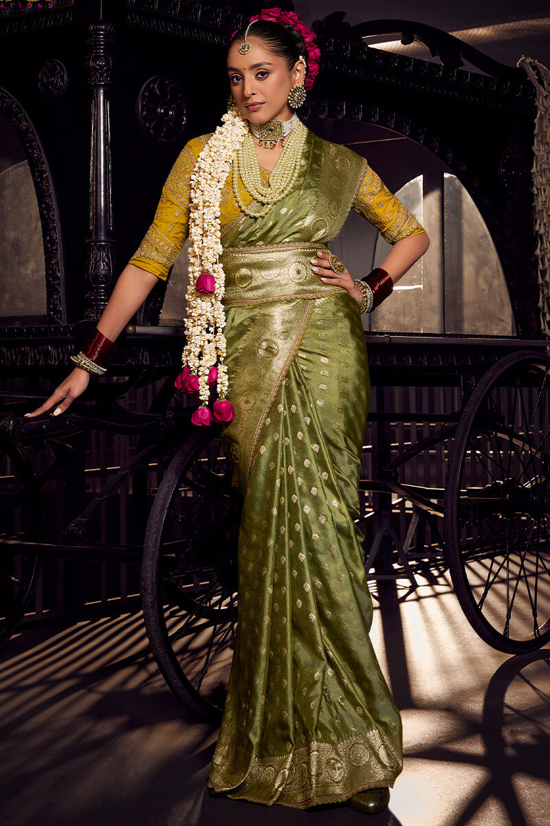 Muddy Green Pure Viscose Tissue Silk Hand Worked Saree